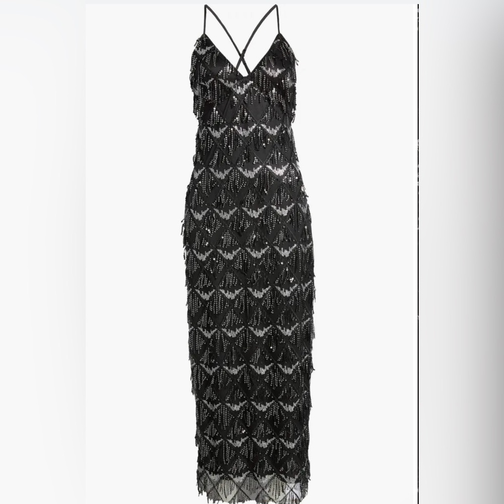 Lulus marvelous moment sequin fringe dress in Black. Size Medium